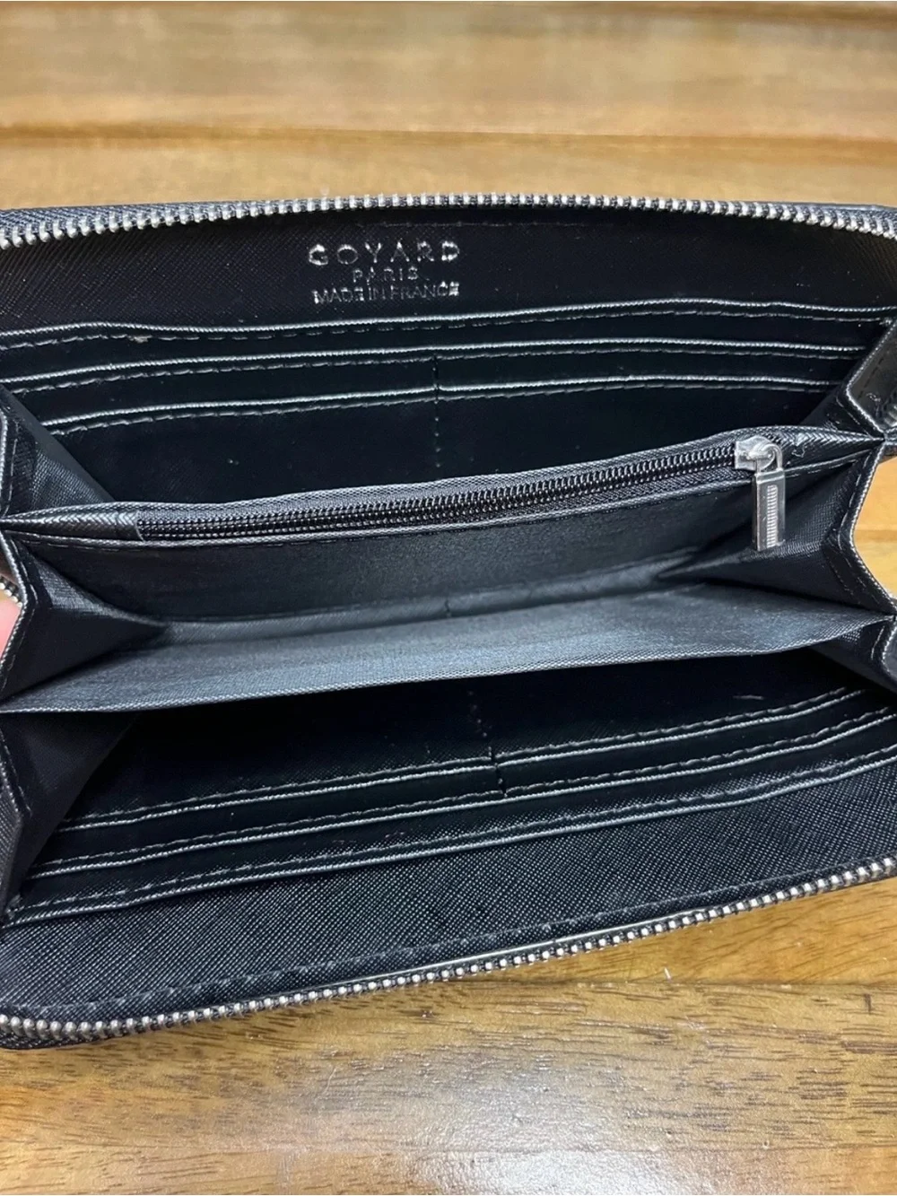 Black Chevron Zip-Around Wallet with Tan Leather Trim